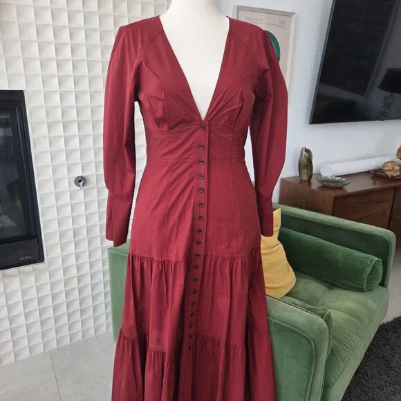 NWOT A.L.C. Fleur Long-Sleeve Tiered Cotton Dress Maroon Deep Red Suma, Size 10 - Picture 4 of 9